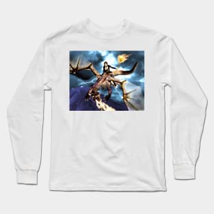 Witch warrior on dragon with flaming magic staff Long Sleeve T-Shirt